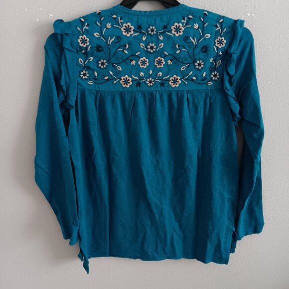 Denim & Co. Canyon Retreat Embroidered Split Neck Blouse , Teal Sz 1X a633559 - Picture 6 of 6